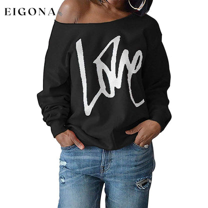 Womens Love Letter Printed Off Shoulder Pullover Sweatshirt Slouchy Tops Shirts Black __stock:50 clothes refund_fee:800 tops