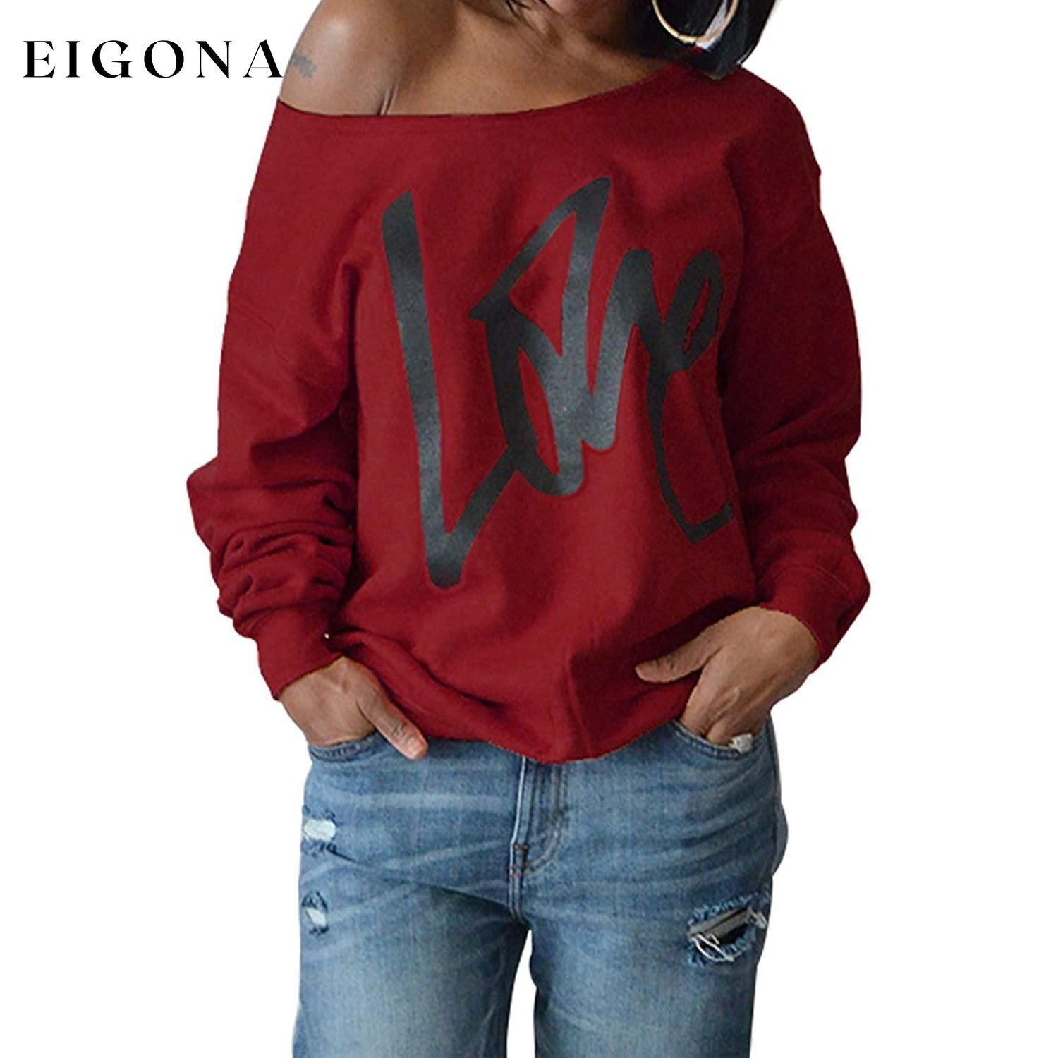 Womens Love Letter Printed Off Shoulder Pullover Sweatshirt Slouchy Tops Shirts Burgundy __stock:50 clothes refund_fee:800 tops