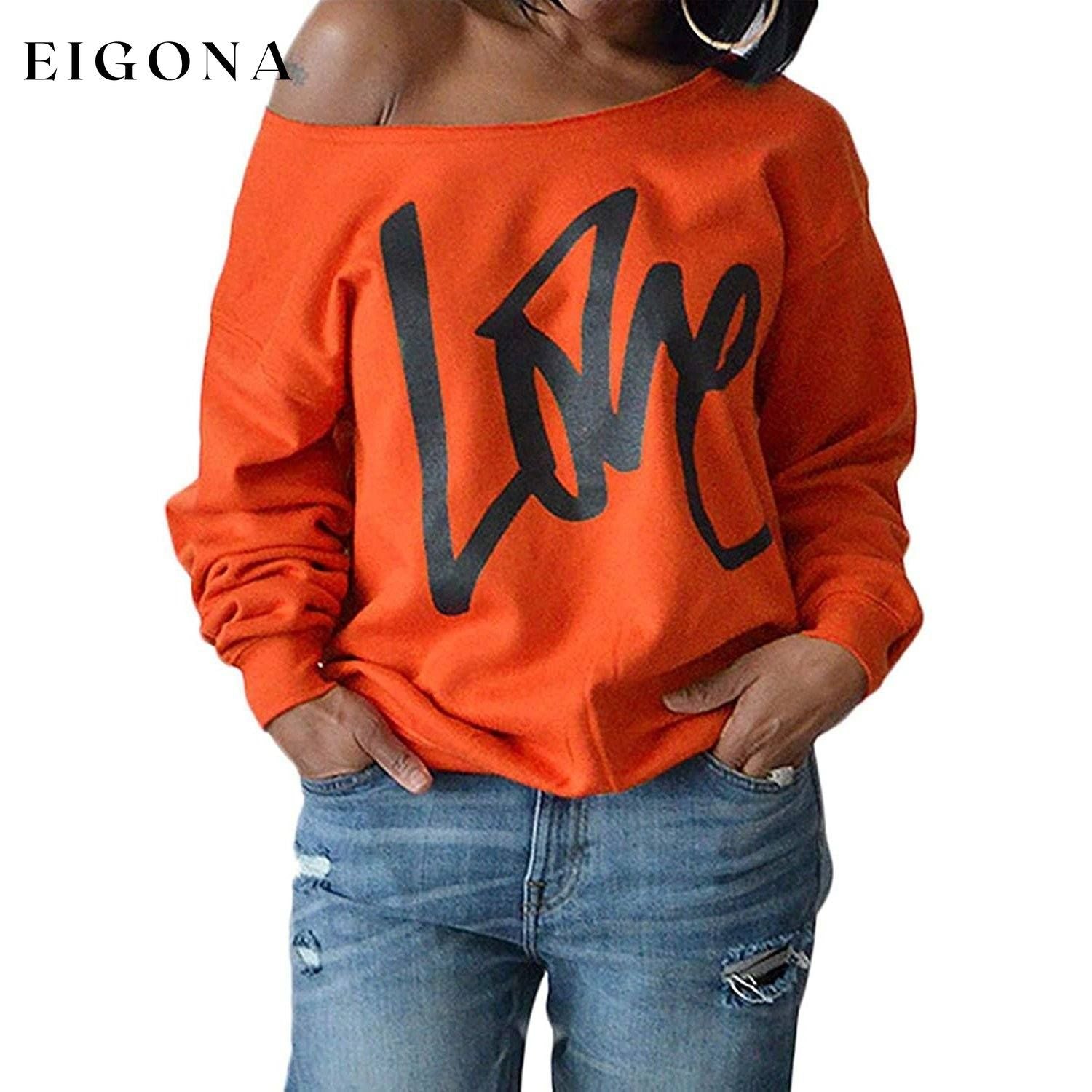 Womens Love Letter Printed Off Shoulder Pullover Sweatshirt Slouchy Tops Shirts Orange __stock:50 clothes refund_fee:800 tops