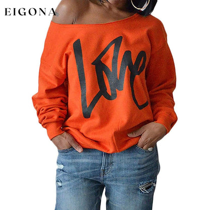 Womens Love Letter Printed Off Shoulder Pullover Sweatshirt Slouchy Tops Shirts Orange __stock:50 clothes refund_fee:800 tops