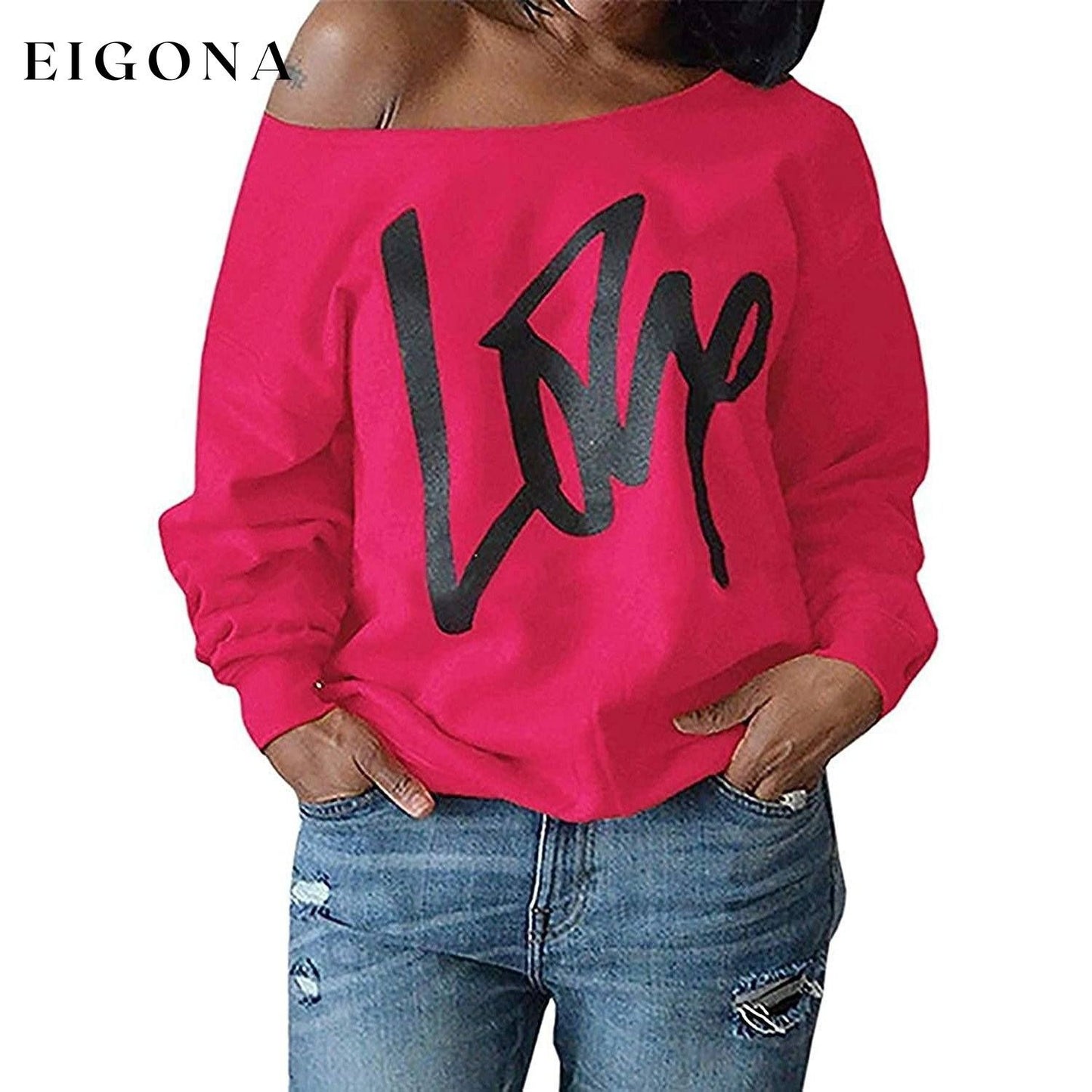 Womens Love Letter Printed Off Shoulder Pullover Sweatshirt Slouchy Tops Shirts Rose Red __stock:50 clothes refund_fee:800 tops