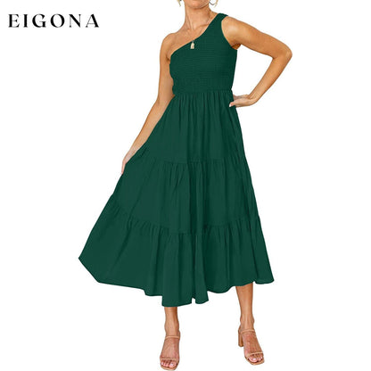 Womens One Shoulder Sleeveless Smocked Ruffle Tiered Beach Long Midi Dress Dark Green __stock:200 casual dresses clothes dresses refund_fee:1200