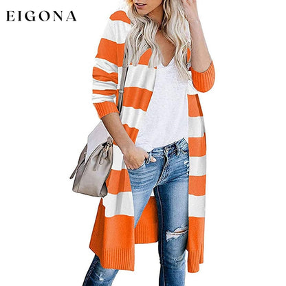 Women’s Open Front Long Cardigan Long Sleeves Lightweight Knit Fall Sweater Orange __stock:500 Jackets & Coats refund_fee:1200