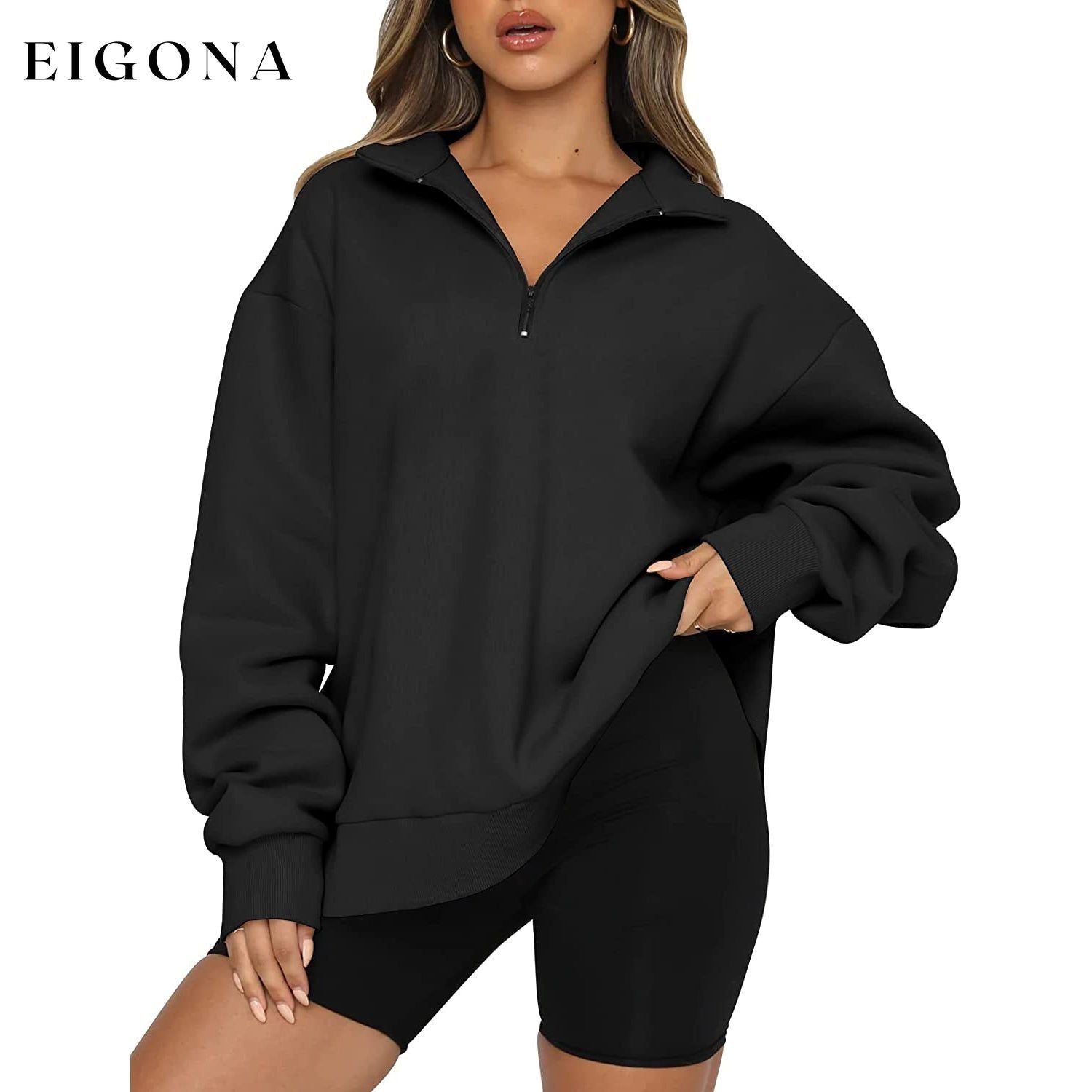 Womens Oversized Half Zip Pullover Long Sleeve Sweatshirt Black __stock:200 clothes refund_fee:1200 tops