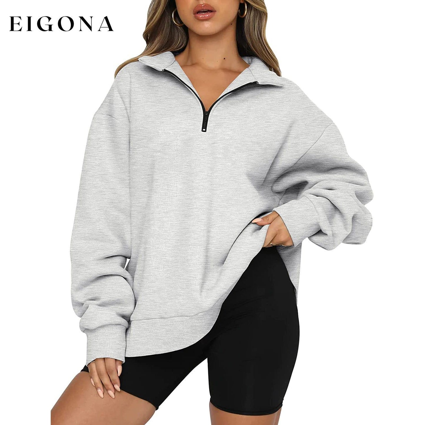 Womens Oversized Half Zip Pullover Long Sleeve Sweatshirt Gray __stock:200 clothes refund_fee:1200 tops