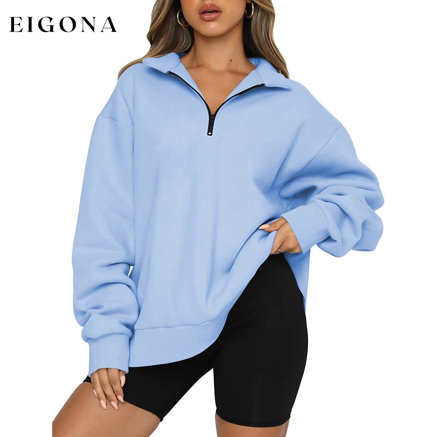 Womens Oversized Half Zip Pullover Long Sleeve Sweatshirt Light Blue __stock:200 clothes refund_fee:1200 tops
