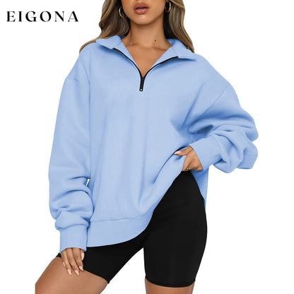 Womens Oversized Half Zip Pullover Long Sleeve Sweatshirt Light Blue __stock:200 clothes refund_fee:1200 tops