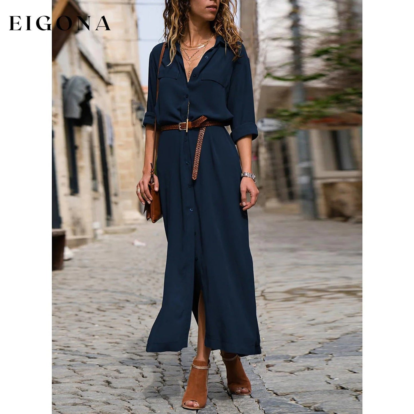 Women's Oversized Loose Shirt Dress Navy Blue __stock:200 casual dresses clothes dresses refund_fee:1200