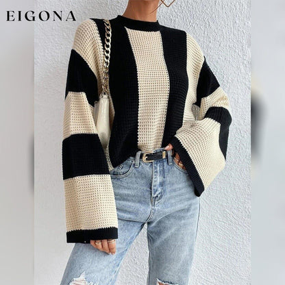 Women's Pullover Ribbed Knit Patchwork Striped Sweater Beige __stock:200 clothes refund_fee:1200 tops