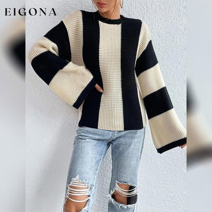 Women's Pullover Ribbed Knit Patchwork Striped Sweater __stock:200 clothes refund_fee:1200 tops