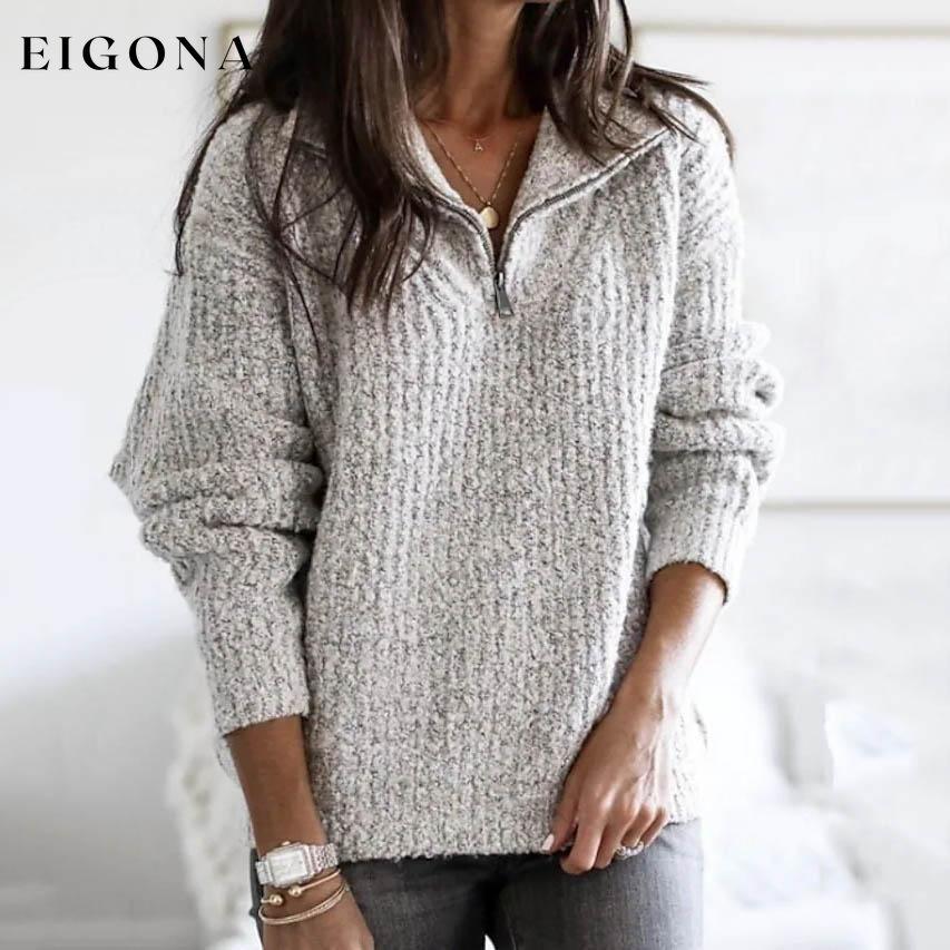 Women's Pullover Sweater Zipper Solid Color Basic Casual Long Sleeve Sweater Cardigans Light Gray clothes refund_fee:1200 tops