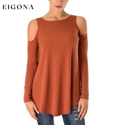 Women's Ribbed Cold-Shoulder Long-Sleeve Top - Assorted Sizes Rust __stock:50 clothes refund_fee:800 tops