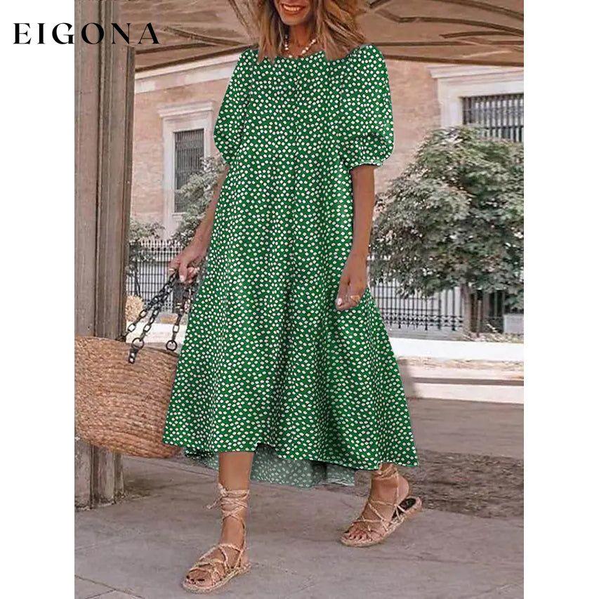 Women's Ruffled Patchwork Print Midi Dress Green __stock:200 casual dresses clothes dresses refund_fee:1200