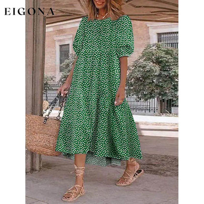 Women's Ruffled Patchwork Print Midi Dress Green __stock:200 casual dresses clothes dresses refund_fee:1200