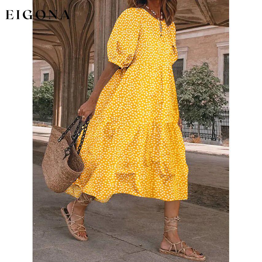 Women's Ruffled Patchwork Print Midi Dress Yellow __stock:200 casual dresses clothes dresses refund_fee:1200