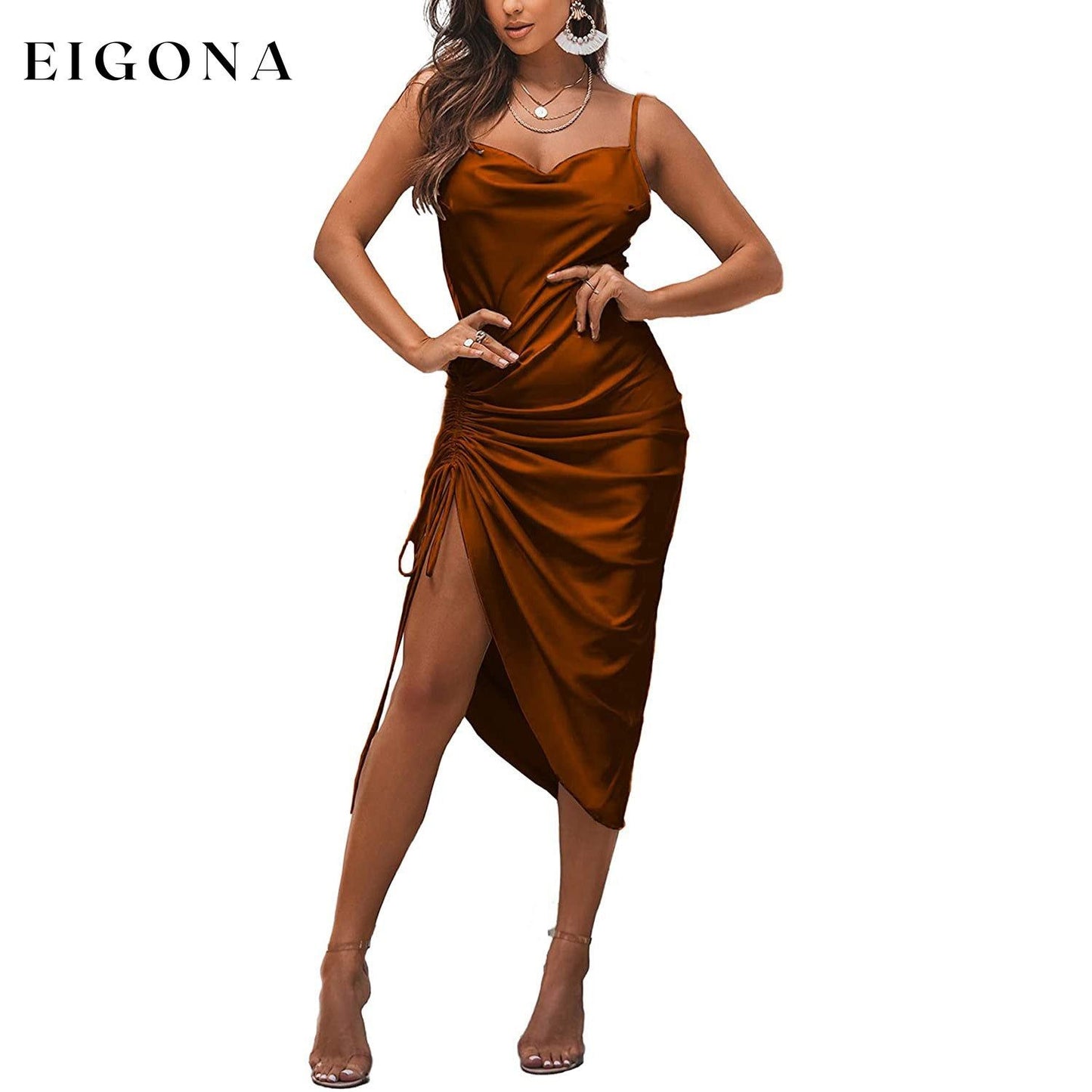 Women's Satin Spaghetti Strap Dress Brown __stock:200 casual dresses clothes dresses refund_fee:1200