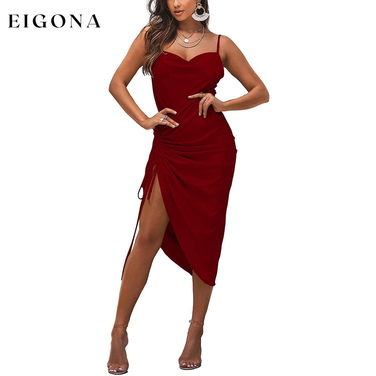 Women's Satin Spaghetti Strap Dress Wine Red __stock:200 casual dresses clothes dresses refund_fee:1200