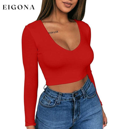 Women's Sexy Bodycon Scoop Neck Long Sleeve Slim Crop Top Red __stock:200 clothes refund_fee:800 tops