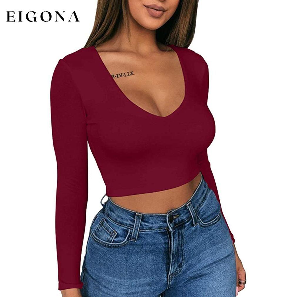 Women's Sexy Bodycon Scoop Neck Long Sleeve Slim Crop Top Wine Red __stock:200 clothes refund_fee:800 tops