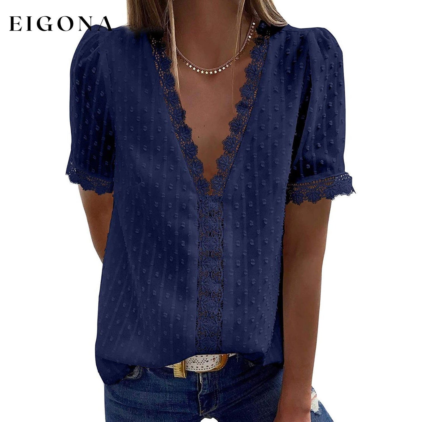 Women's Sexy Lace V-Neck Top Blue __stock:200 clothes refund_fee:800 tops