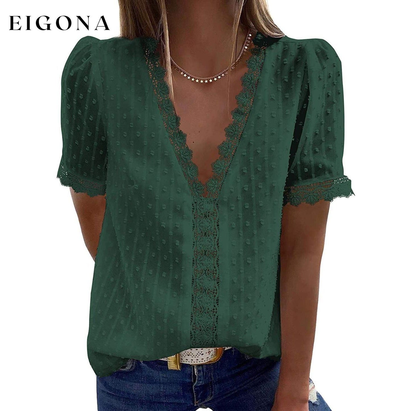 Women's Sexy Lace V-Neck Top Green __stock:200 clothes refund_fee:800 tops