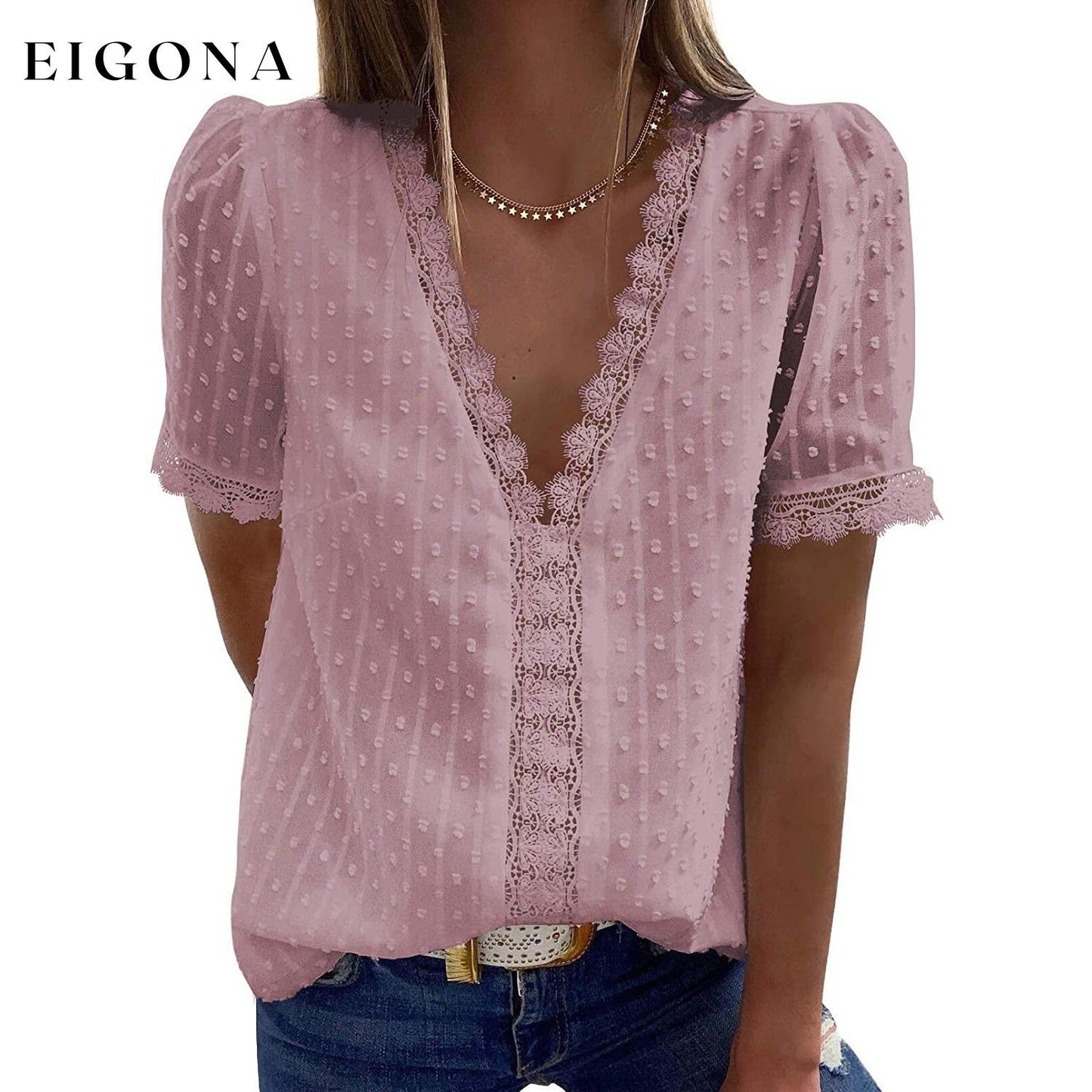Women's Sexy Lace V-Neck Top Pink __stock:200 clothes refund_fee:800 tops