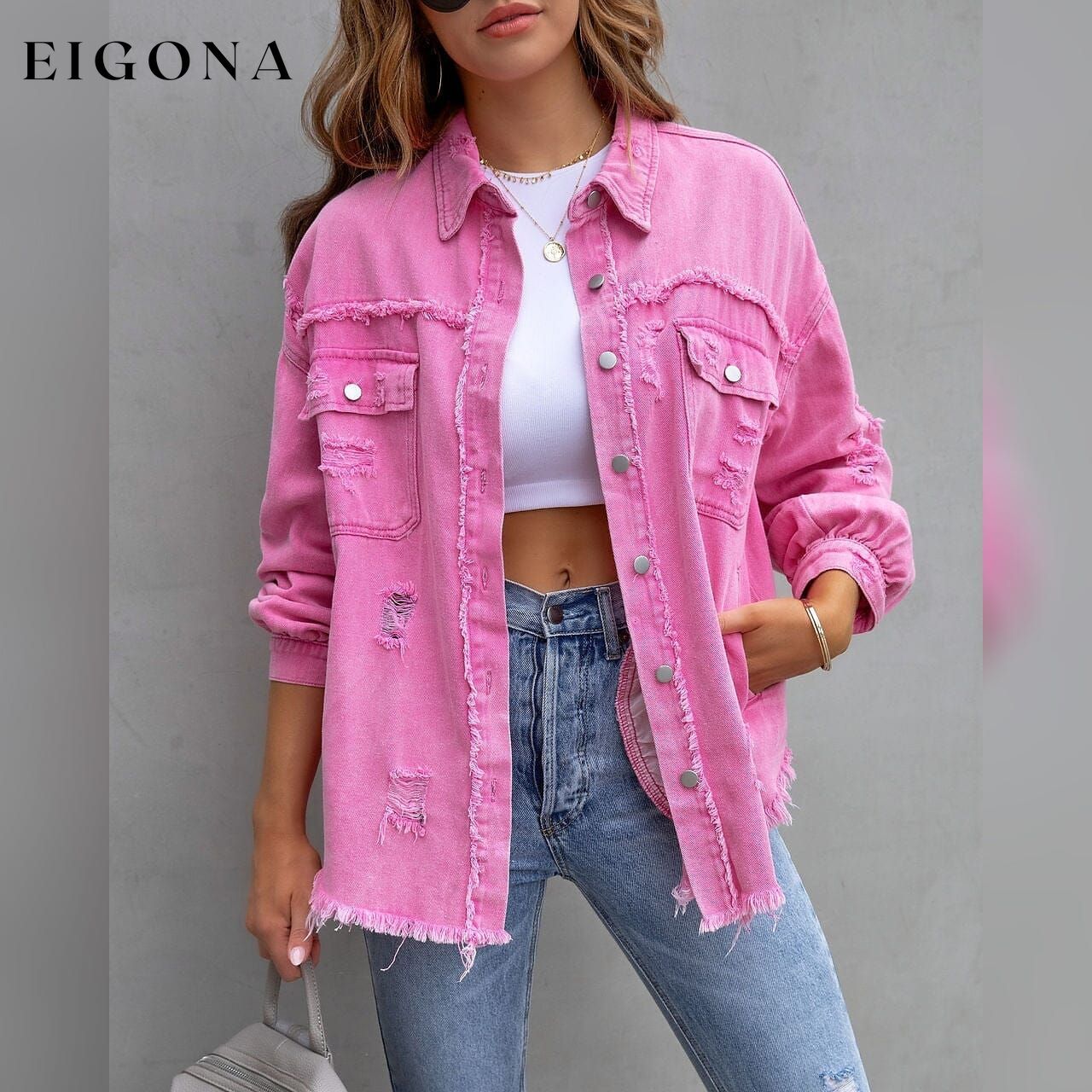 Women's Shacket Long Sleeve Denim Pink __stock:200 Jackets & Coats refund_fee:1200