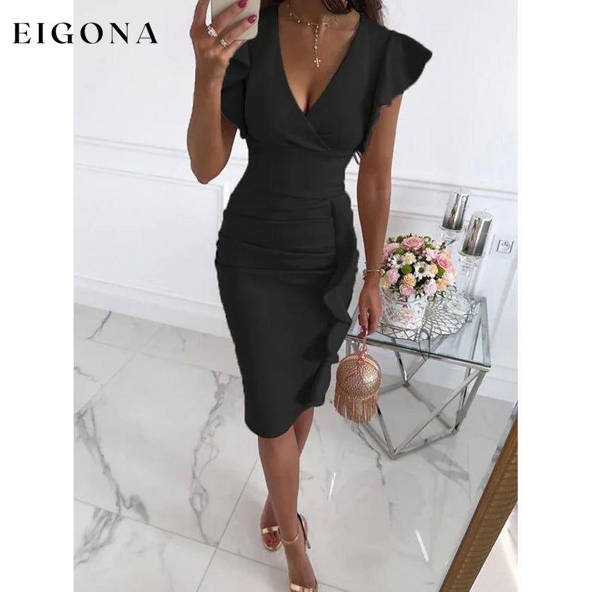 Women's Sheath V-Neck Knee Length Dress Black __stock:200 casual dresses clothes dresses refund_fee:1200 show-color-swatches