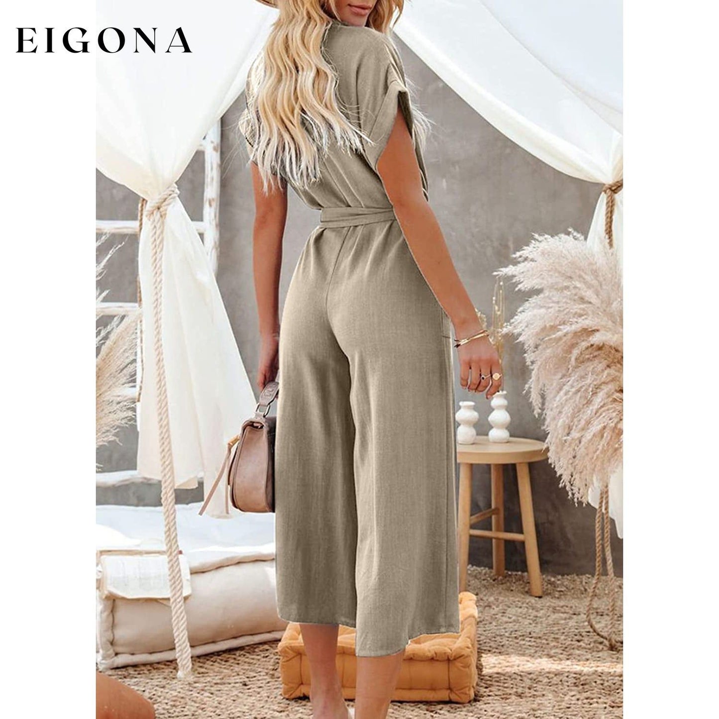 Women's Short Sleeve V Neck Button Belt Wide Leg Jumpsuit __stock:200 casual dresses clothes dresses refund_fee:1200