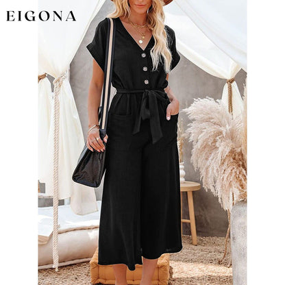 Women's Short Sleeve V Neck Button Belt Wide Leg Jumpsuit __stock:200 casual dresses clothes dresses refund_fee:1200