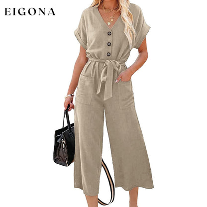 Women's Short Sleeve V Neck Button Belt Wide Leg Jumpsuit Khaki __stock:200 casual dresses clothes dresses refund_fee:1200