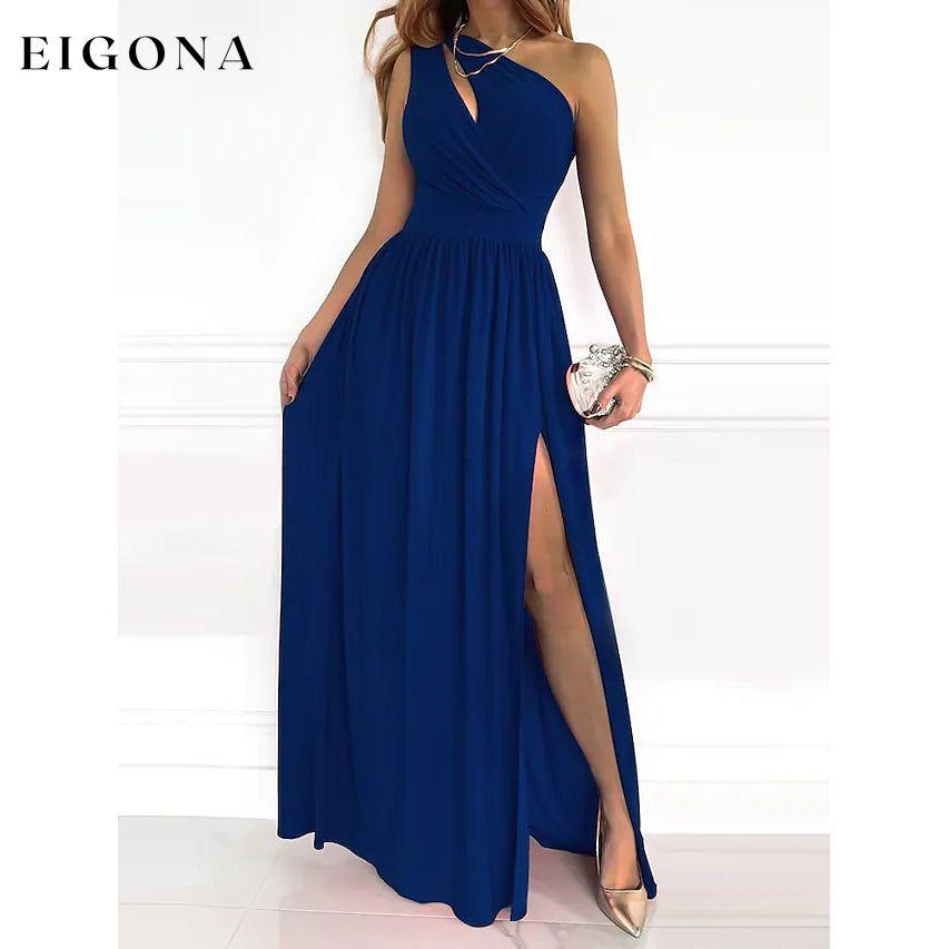 Women's Sleeveless One Shoulder Elegant Dress Dark Blue __stock:200 casual dresses clothes dresses refund_fee:1200