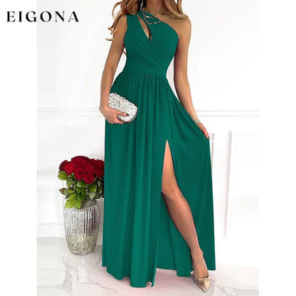 Women's Sleeveless One Shoulder Elegant Dress Green __stock:200 casual dresses clothes dresses refund_fee:1200