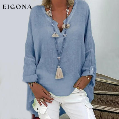 Women's Solid Colored Long Sleeve Button V Neck Basic Top Light Blue __stock:200 clothes refund_fee:800 tops