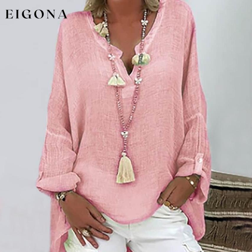 Women's Solid Colored Long Sleeve Button V Neck Basic Top Pink __stock:200 clothes refund_fee:800 tops