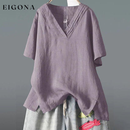 Women's Solid Half Sleeve V Neck Shirt Top Purple __stock:200 clothes refund_fee:1200 tops