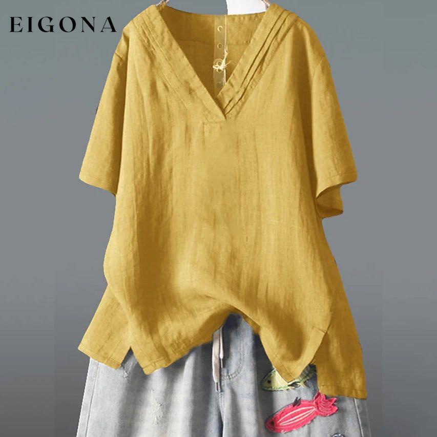 Women's Solid Half Sleeve V Neck Shirt Top Yellow __stock:200 clothes refund_fee:1200 tops