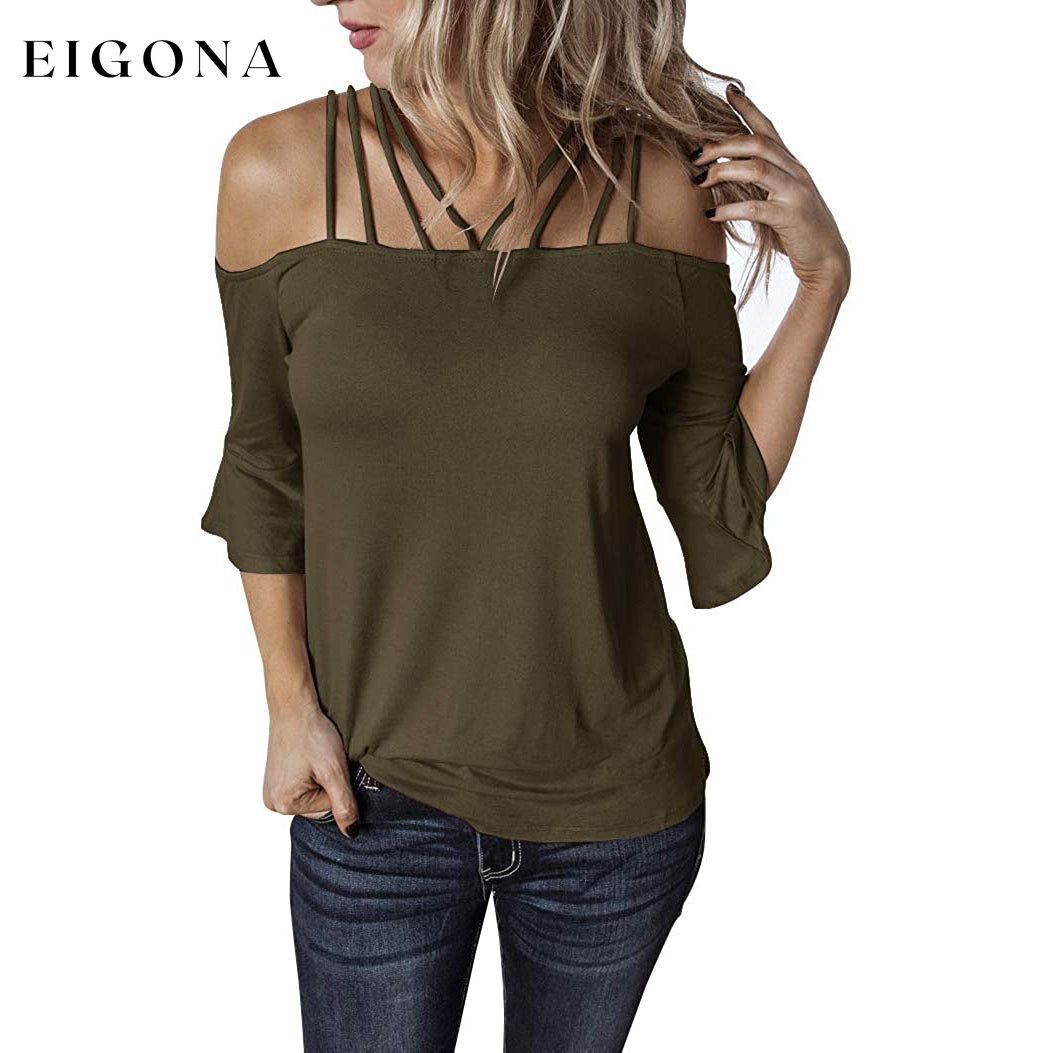 Womens Spaghetti Straps Cold Shoulder Shirts Olive __stock:200 clothes refund_fee:800 tops