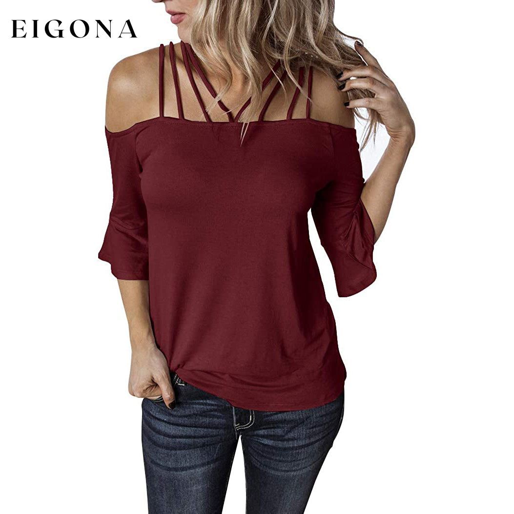 Womens Spaghetti Straps Cold Shoulder Shirts Wine Red __stock:200 clothes refund_fee:800 tops