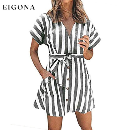 Womens Stripe Short Sleeve Wrap V Neck Button Front Tie Belted Dress Gray __stock:500 casual dresses clothes dresses refund_fee:800