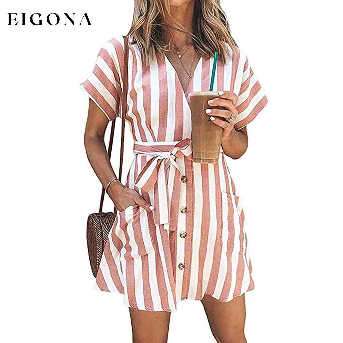 Womens Stripe Short Sleeve Wrap V Neck Button Front Tie Belted Dress Pink __stock:500 casual dresses clothes dresses refund_fee:800