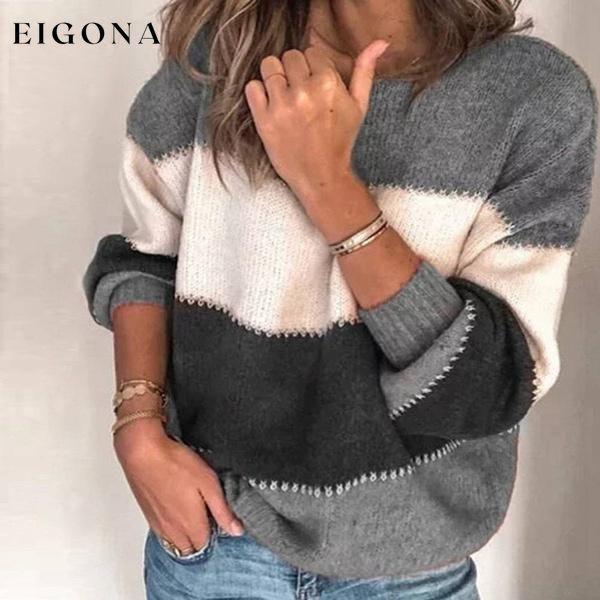 Women's Striped Patchwork Streetwear Loose Knitted Pullovers Tops Gray __stock:50 clothes refund_fee:1200 tops