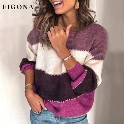 Women's Striped Patchwork Streetwear Loose Knitted Pullovers Tops Purple __stock:50 clothes refund_fee:1200 tops