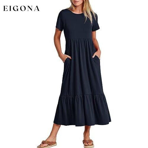 Women's Summer Casual Short Sleeve Crewneck Swing Dress Navy __stock:200 casual dresses clothes dresses refund_fee:1200