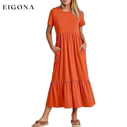 Women's Summer Casual Short Sleeve Crewneck Swing Dress Orange __stock:200 casual dresses clothes dresses refund_fee:1200