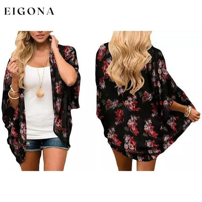 Women's Summer Kimono Cardigan Cover Up in Leopard and Floral Black __stock:500 clothes refund_fee:800 show-color-swatches tops