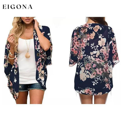 Women's Summer Kimono Cardigan Cover Up in Leopard and Floral Blue __stock:500 clothes refund_fee:800 show-color-swatches tops
