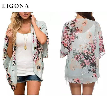 Women's Summer Kimono Cardigan Cover Up in Leopard and Floral Mint __stock:500 clothes refund_fee:800 show-color-swatches tops