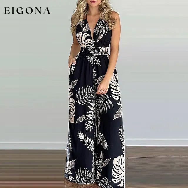 Women's Summer New Digital Printing Colorful Slit Jumpsuit Black __stock:200 casual dresses clothes dresses refund_fee:1200 show-color-swatches