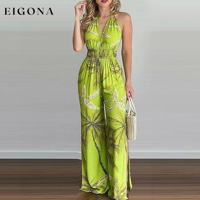 Women's Summer New Digital Printing Colorful Slit Jumpsuit Green __stock:200 casual dresses clothes dresses refund_fee:1200 show-color-swatches